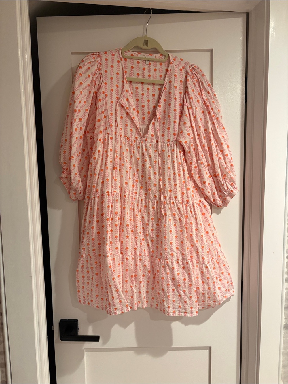 Pink Floral Puff-Sleeve Tiered Mini Dress
